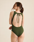 Textured Ribbed Open-Back One-Piece - Olive Green